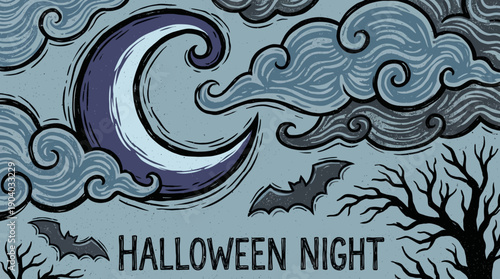 Grunge Halloween Night Illustration: Crescent Moon, Spooky Clouds, Bare Tree, and Flying Bats.