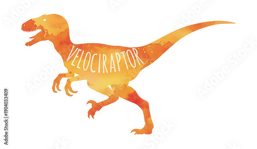 Orange and yellow watercolor Velociraptor dinosaur silhouette standing with text prehistoric animal design