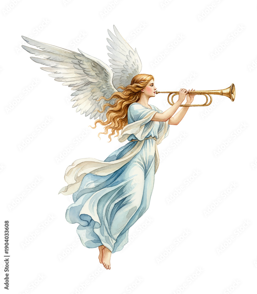 Fototapeta premium Beautiful blonde haired angel with majestic white wings playing a golden trumpet in a flowing light blue gown