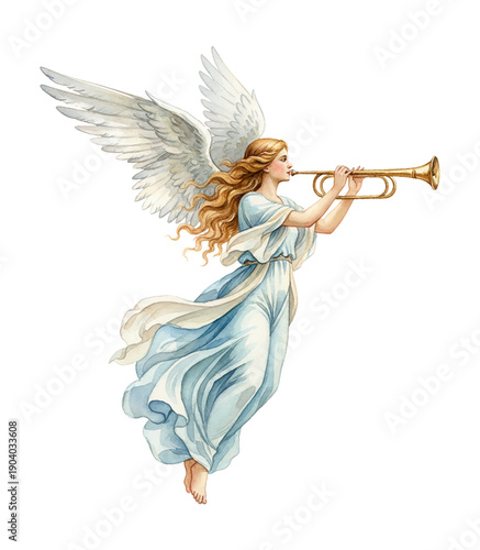 Beautiful blonde haired angel with majestic white wings playing a golden trumpet in a flowing light blue gown