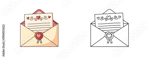 Love letter in cartoon and line art style in beige red and white colors represents romantic correspondence with heart wax seal and decorative elements on white background