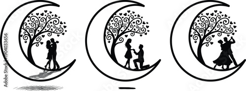Romantic couple silhouette illustration set featuring crescent moon, heart tree, love proposal, dancing partners, wedding engagement concept for invitations, wall art, posters, logos, branding