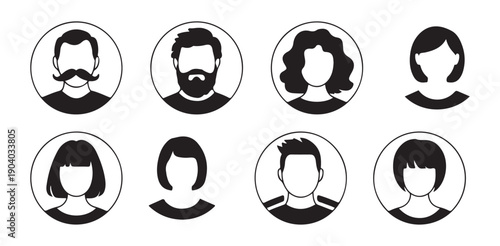 Diverse male and female avatars with different hairstyles and beards in circular frames set