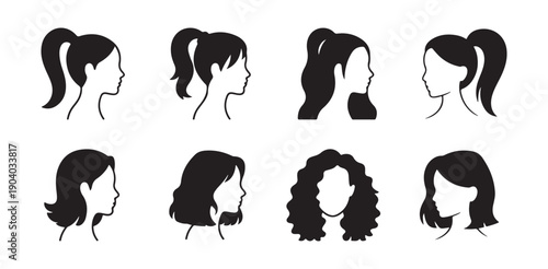 Set of female profiles showcasing diverse hairstyles from ponytails to curly and bob cuts