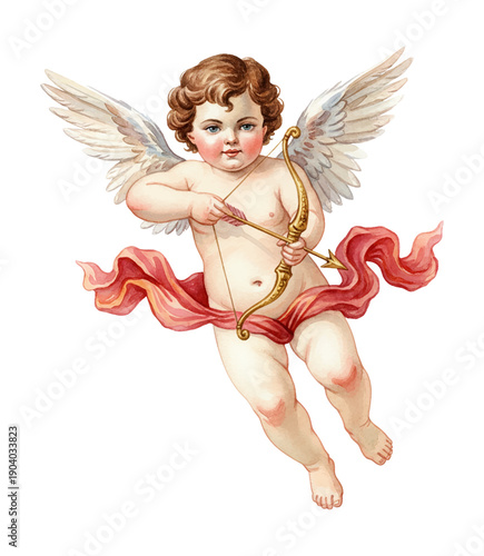 A European little Cupid angel aiming bow and arrow with a focused expression in watercolor style