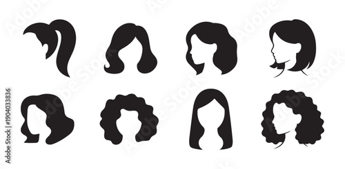 Anonymous female head silhouettes with various hairstyles including ponytails and wavy locks