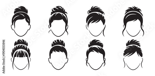 Woman hair bun set of female hairstyle silhouettes for beauty salon branding and fashion magazine