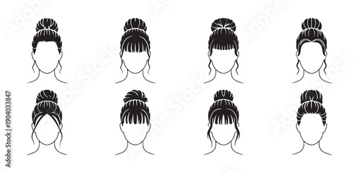 Top knot hairstyle icons female hair bun collection for hairdressing salon logo and beauty product