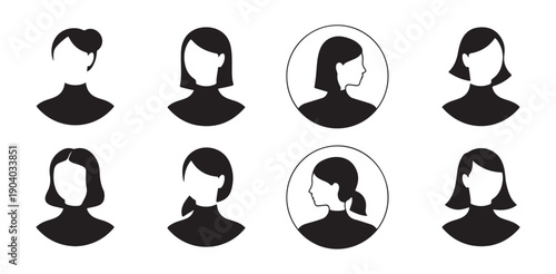 Minimalist female avatar icons woman silhouette with bob haircut and ponytail for profile picture