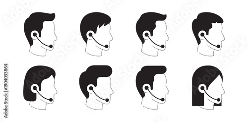 Customer support male and female profile icons wearing headsets for call center service help desk