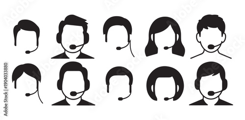 Customer service operator icons with headsets featuring different male and female hair silhouettes
