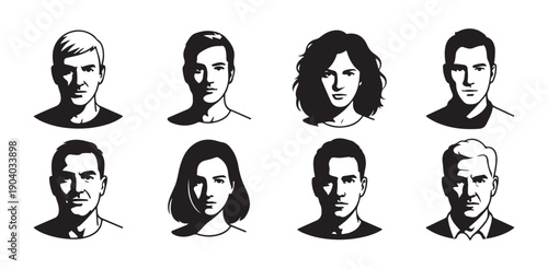 Dramatic portrait headshot set of diverse men and women with strong shadow lighting and contrast