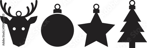 Minimalist Christmas ornament silhouette set featuring reindeer head, round bauble, star charm, and pine tree icons for holiday crafts, decorations, laser cutting projects