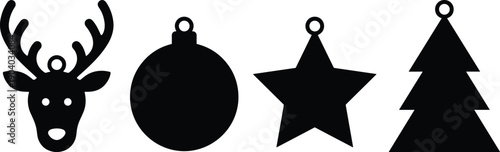 Christmas ornament silhouette set, featuring reindeer head, bauble ball, star charm, and pine tree icons for holiday crafts, decorations, laser cutting, vinyl projects