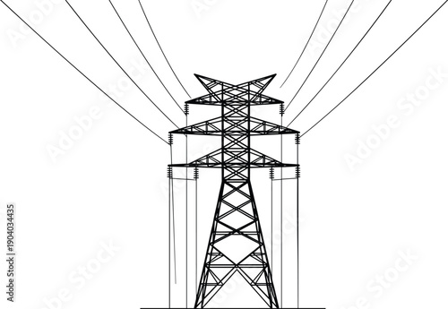 High voltage power transmission tower line drawing vector illustration, electrical infrastructure pylon with overhead cables, energy distribution concept for engineering, industry, 