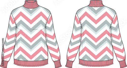 Front and back view chevron pattern turtleneck sweater cad drawing flat vector illustration fashion technical sketch template for knitwear apparel