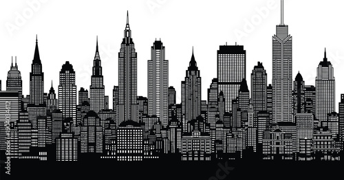 Black city skyline silhouette with detailed skyscrapers, urban panorama vector illustration for architecture, metropolitan landscape, travel branding, poster design, modern cityscape background