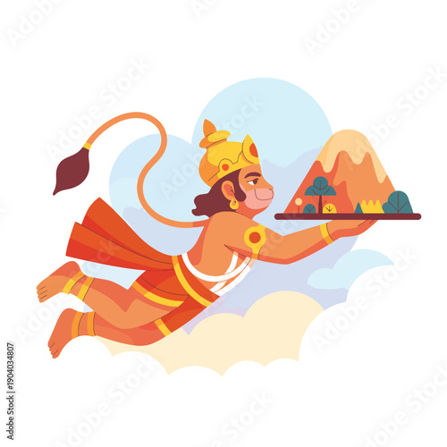 Monkey God Hanuman Flying with Mountain in Hand orange