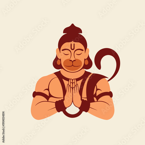 Brown monkey god with hands in prayer and long tail, orange