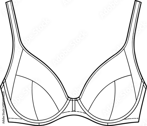 Women bra technical cad drawing flat vector illustration, front view lingerie fashion sketch template for underwear design, garment construction, production specification, and catalog presentation
