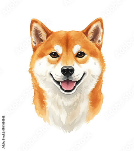 Happy Smiling Shiba Inu Dog Headshot Watercolor Illustration Looking at Viewer with Open Mouth