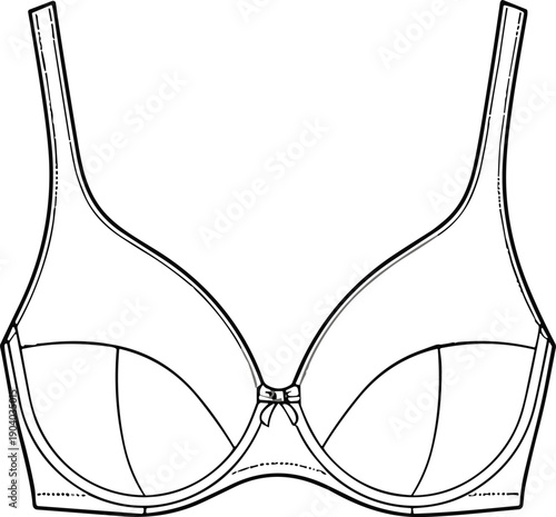Women bra front view cad drawing flat vector illustration, lingerie technical fashion sketch template for underwear design development, production specification, catalog use