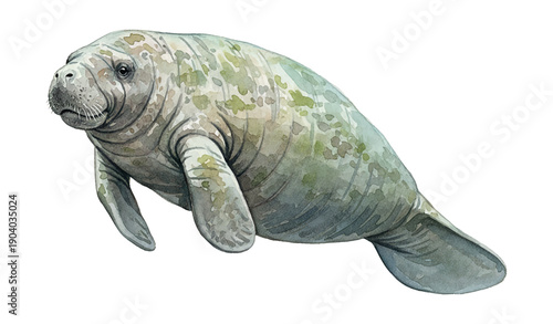 Gentle Manatee Sea Cow Floating Calmly Underwater in Detailed Watercolor Illustration with Neutral Expression