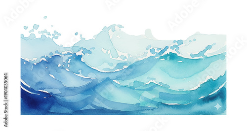 Abstract Watercolor Blue Ocean Waves Splashing and Foaming with Vibrant Textured Hues of Water