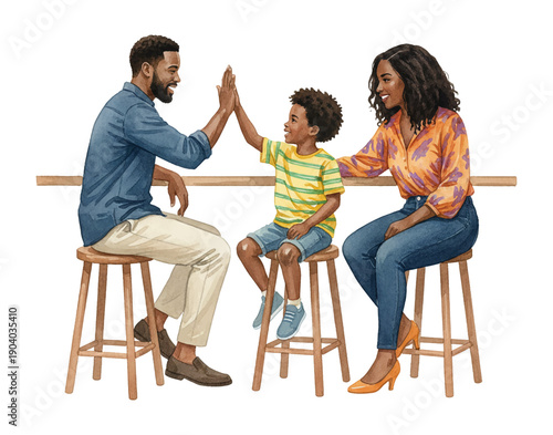 African American family enjoying a happy moment with father and son high fiving while mother smiles