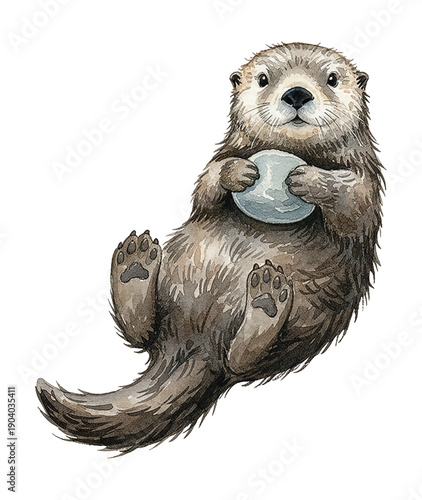 Cute watercolor otter floating on its back holding a small stone with a calm and playful expression