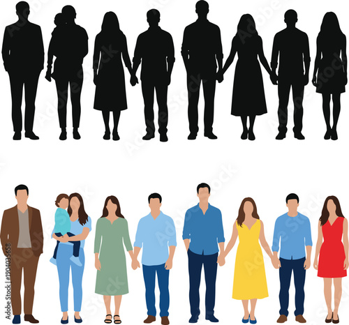 Family people silhouettes and colorful character set, diverse men women and children standing together, relationships concept, community group illustration, vector collection i