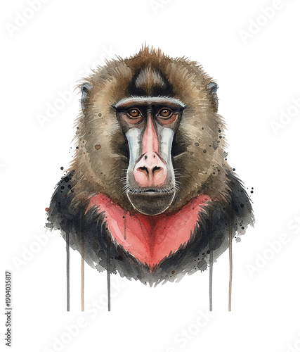 Mandrill monkey head portrait staring forward with neutral expression in detailed watercolor illustration