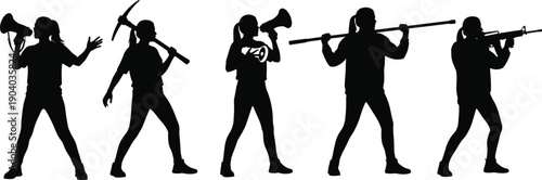 Activism and labor silhouette collection, women holding megaphone and tools, diverse roles concept, black vector illustration, social movement, communication, work identity theme