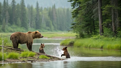 Grizzly Bear Mother and Cub Forage for Salmon in Alaskan River with Cinematic Motion