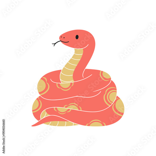 Cute cartoon red snake with yellow patterns, coiled up, with its tongue sticking out, on a white background, illustration