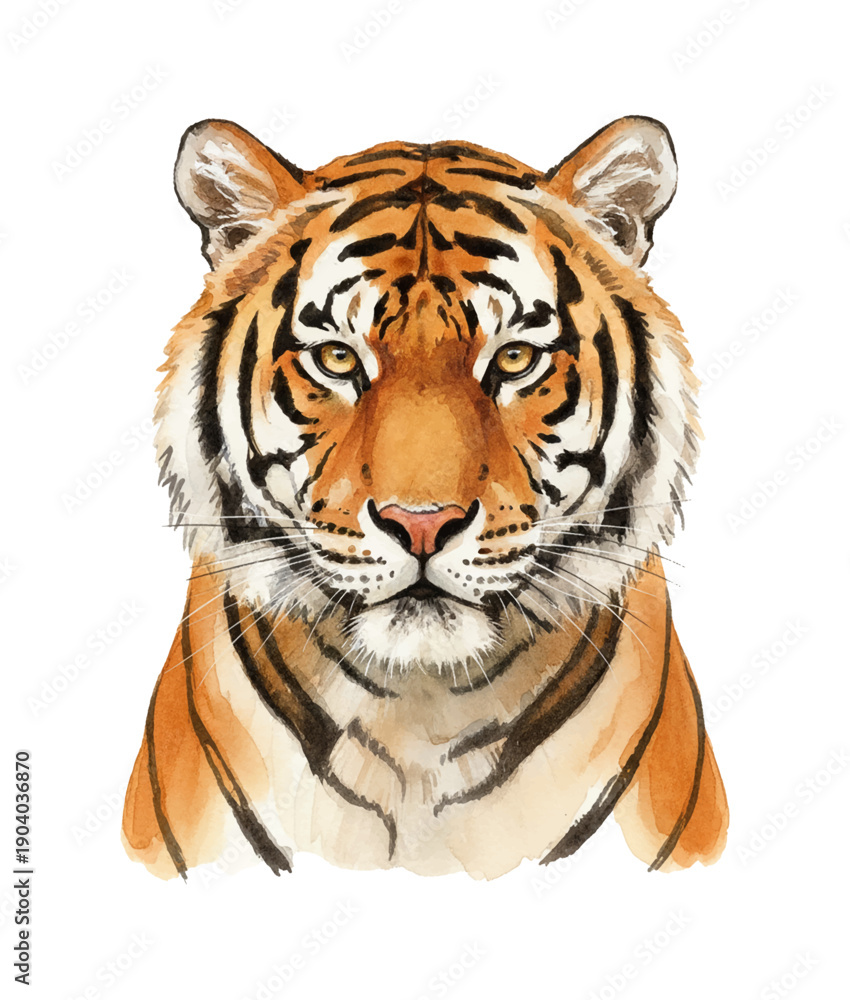 Obraz premium Majestic tiger head detailed watercolor painting with vibrant orange and black stripes looking calmly forward