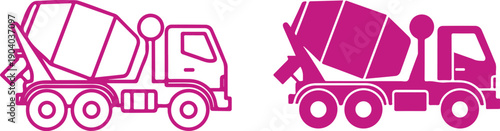 Two different types of concrete mixer trucks parked side by side isolated on white background, illustration