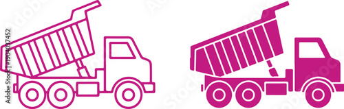 Two dump trucks with different configurations and designs parked side by side isolated on white background, illustration