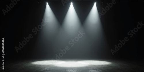A shiny silver metal spotlight casts a bright circular glow against a dark gray brushed steel wall in an empty theater stage space