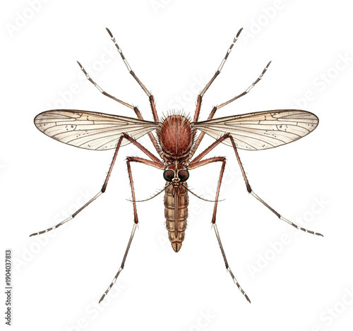 Detailed close up illustration of a common mosquito insect isolated on white background top view