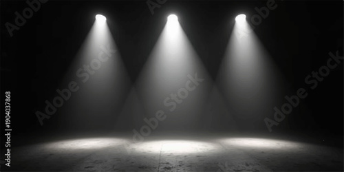 A bright blue spotlight beam shines onto an illuminated theater stage backdrop, creating a professional scene for a music concert or show presentation in a dark club