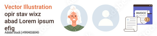 Digital identity, user accounts, invoicing, administration, business profiles, people management. Female avatar, blank profile icon and invoice symbols. Digital identity and user accounts concept