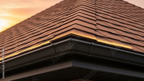 Warm Sunset Illuminates Textured Roof Shingles and Gutters