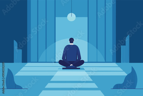 Man meditating in serene blue office environment with modern decor