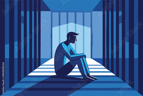 Man sits alone in blue prison cell feeling sad and depressed