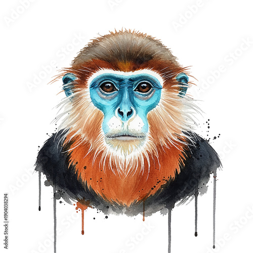 Watchful Snub-nosed Monkey Head with Blue Face Brown and White Fur Watercolor Illustration Art on White