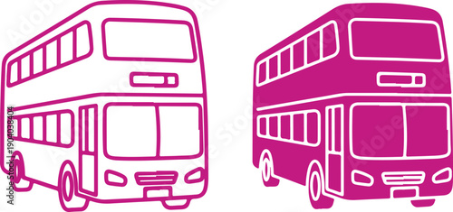 Two distinct double-decker buses illustrated in black and white isolated on white background, illustration