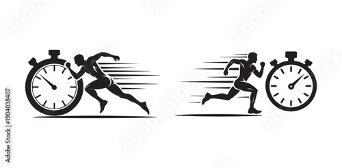 Speed runner starting stopwatch silhouette man sprinting towards finish line vector graphic