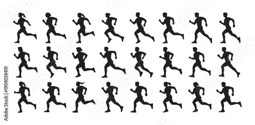Set of black silhouettes representing various people running in profile view on plain white background