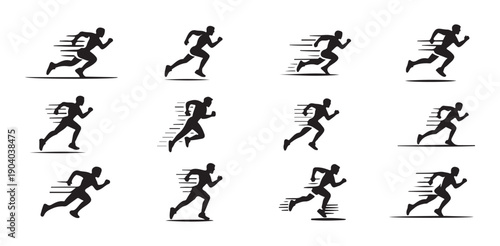 Set of twelve black running man silhouettes with speed lines isolated on a white background